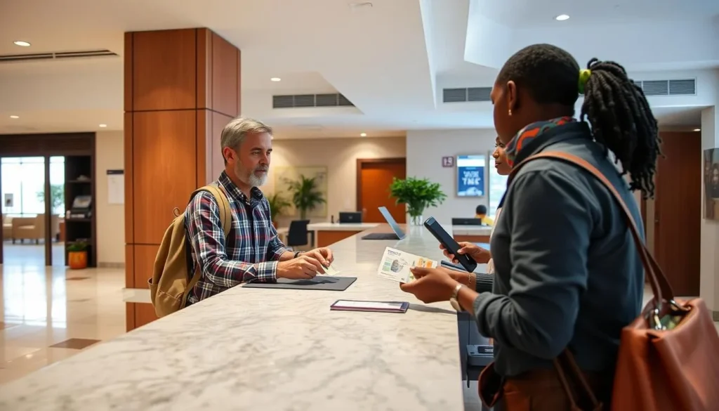 Tourist exchanging currency at a hotel in Port-au-Prince