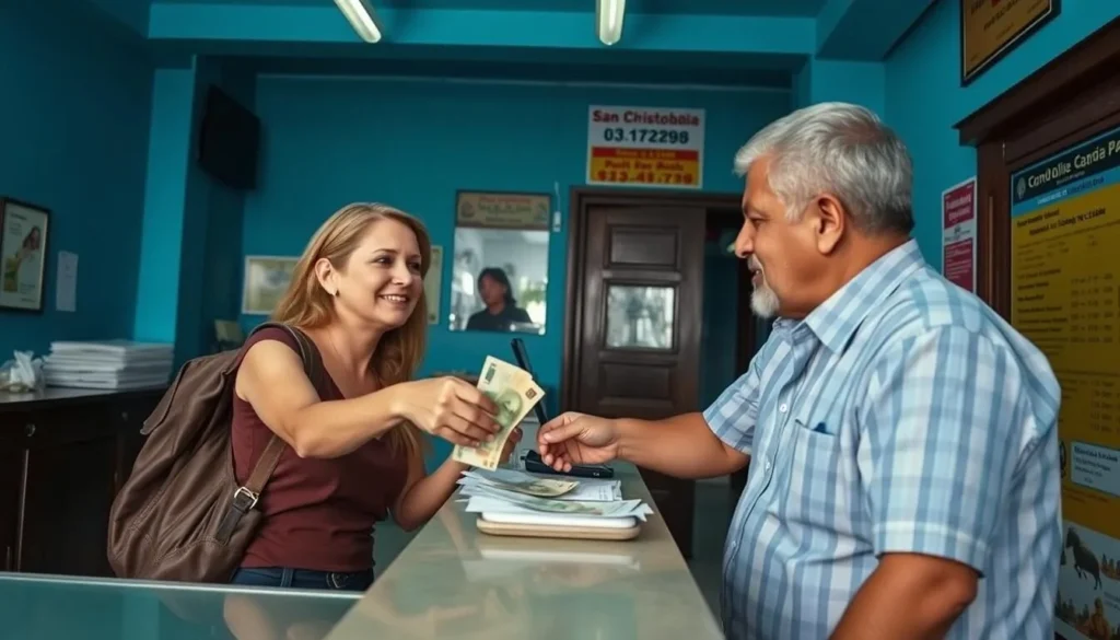 Tourist exchanging currency at a local Cuban bank in San Cristobal