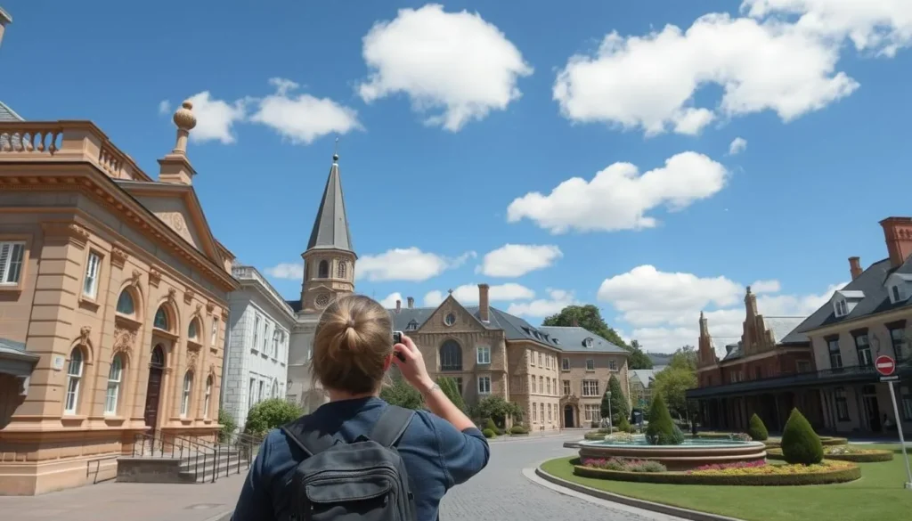 Tourist exploring the historic streets of Evandale Tasmania on a sunny day