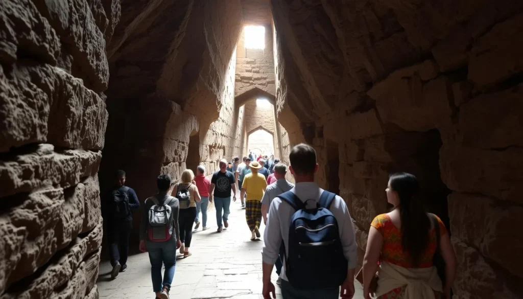 Tourist exploring the tunnels connecting the Rock-Hewn Churches of Lalibela Ethiopia