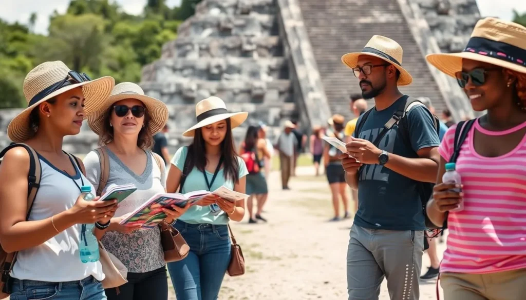Tourist information board at Chichen Itza with visitors reading about the site