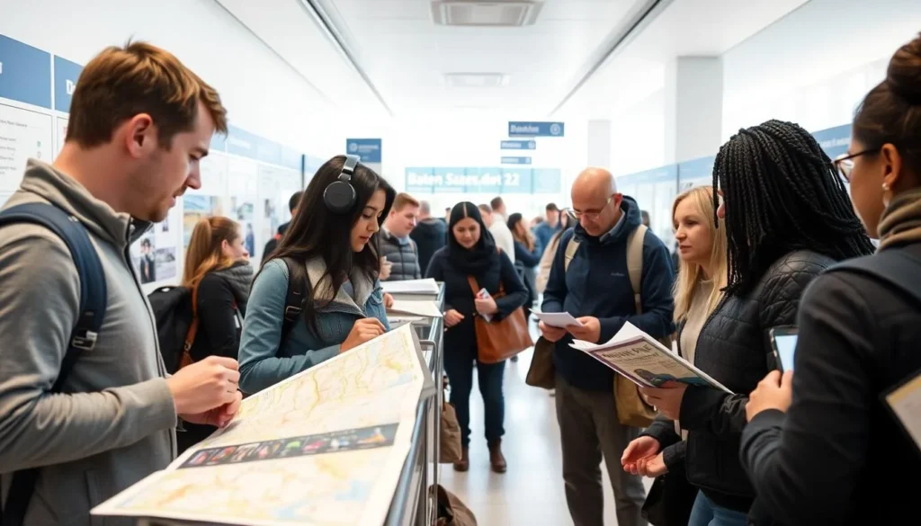 Tourist information center in Baden-Baden with visitors getting maps and brochures