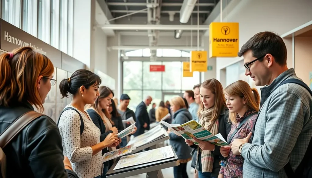 Tourist information center in Hannover with visitors getting maps and brochures