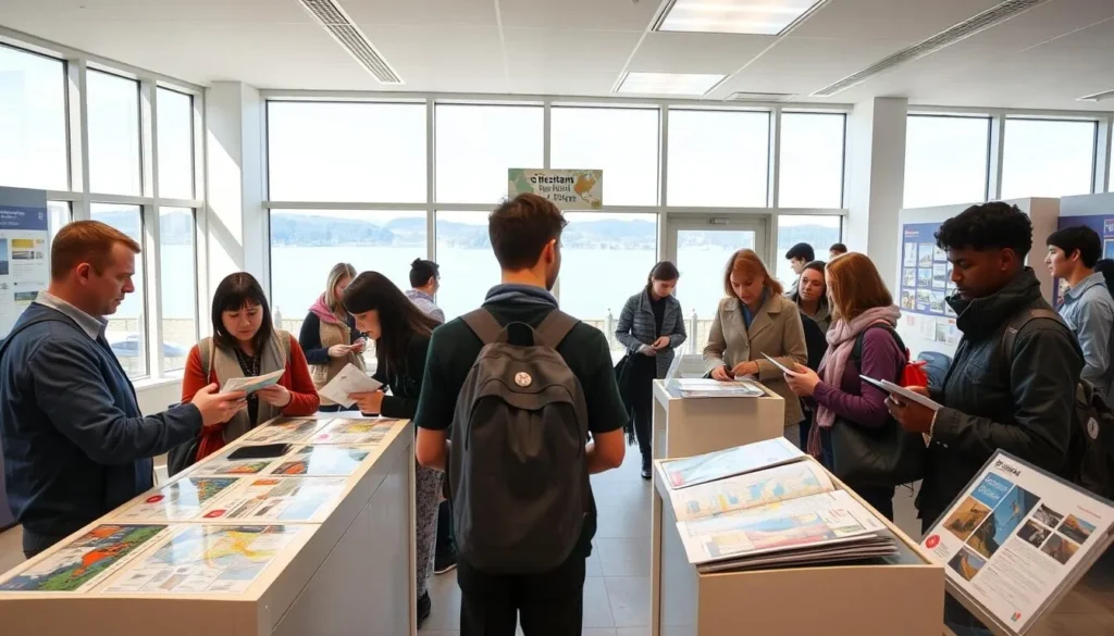 Tourist information center in Konstanz with visitors getting travel advice