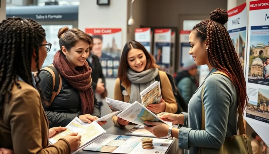 Tourist information center in Mainz with visitors getting maps and advice