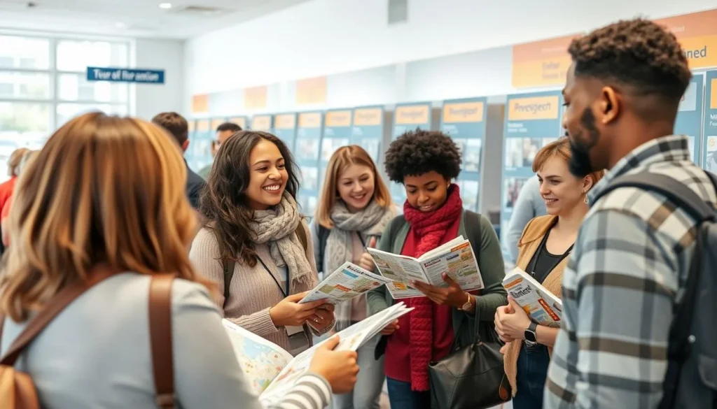 Tourist information center in Rostock with visitors getting maps and advice from staff
