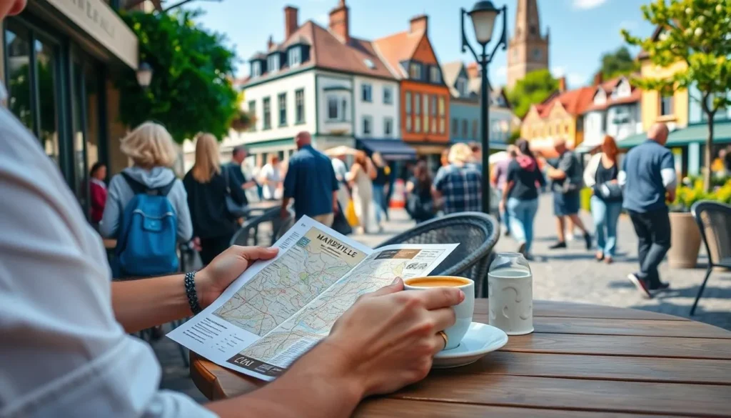 Tourist looking at a map of Mandeville while enjoying coffee at an outdoor café