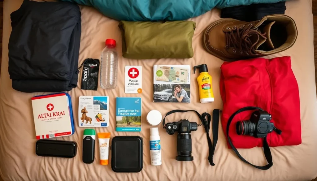 Tourist packing essentials for Altai Krai trip including layered clothing and hiking gear