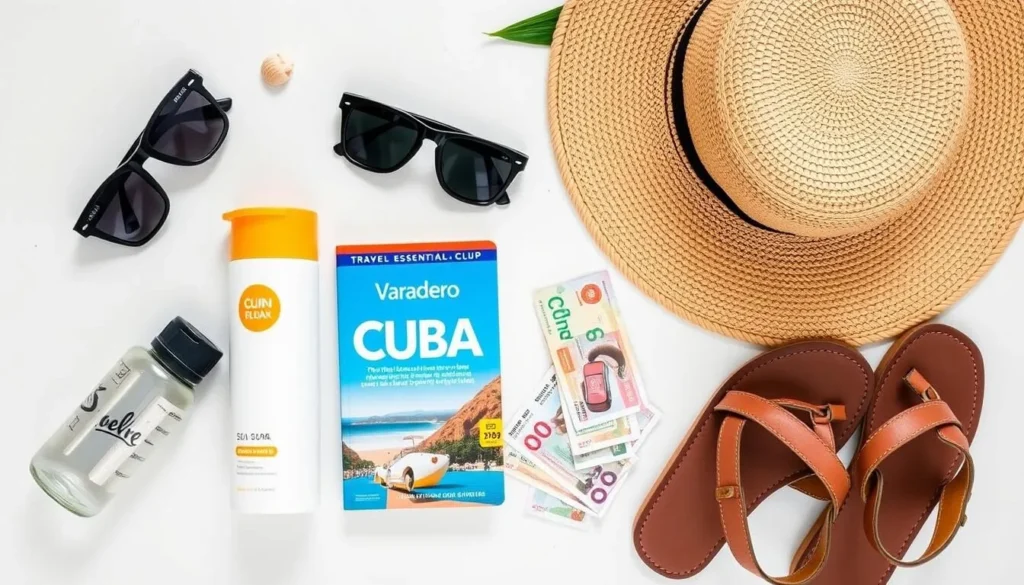 Tourist packing essentials for a trip to Varadero including sunscreen, hat, and guidebook