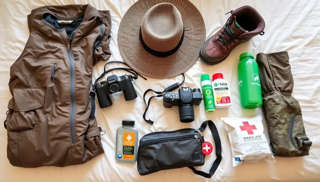 Tourist packing essentials for an Iwokrama Rainforest trip including quick-dry clothing and binoculars Tourist packing essentials for an Iwokrama Rainforest trip including quick-dry clothing and binoculars