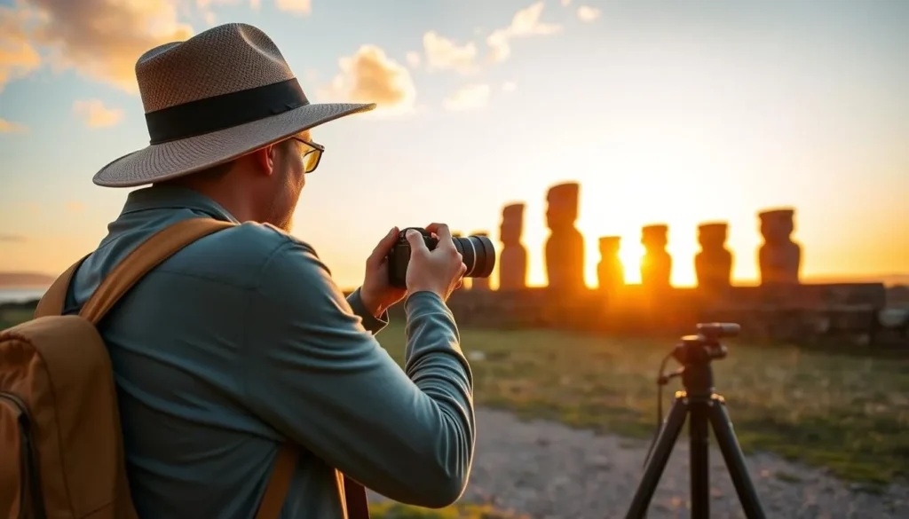 Tourist photographing moai at sunset with proper equipment, illustrating practical tips from this Easter Island travel guide