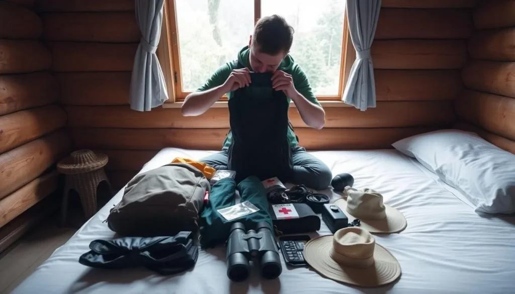 Tourist preparing backpack with essential gear for Mount Shiriri trek