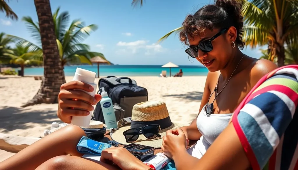 Tourist preparing for a day at Anse de Sables beach with essential items