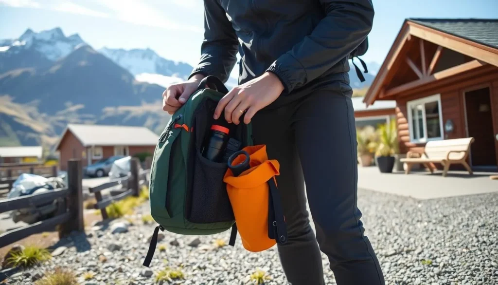 Tourist preparing for a day at Franz Josef Glacier Tourist preparing for a day at Franz Josef Glacier