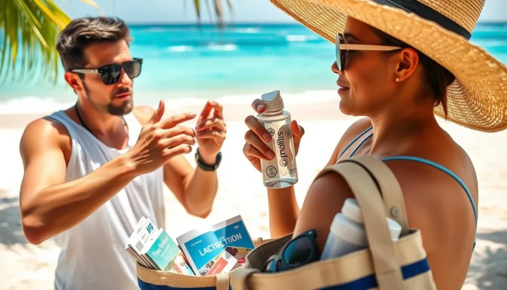 Tourist preparing for a day at La Cote des Arcadins with sun protection and water