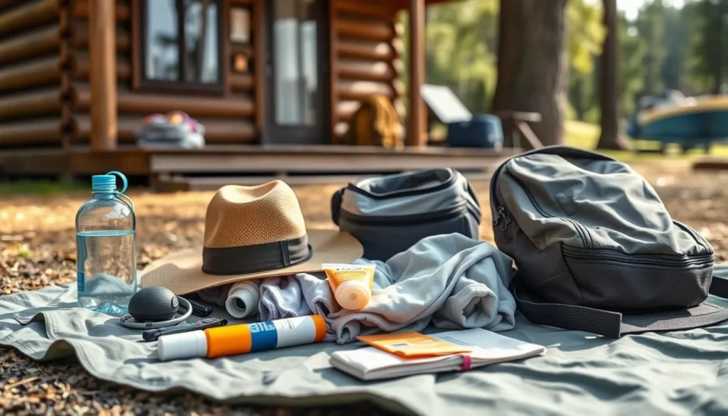 Tourist preparing for a day at Lake Mainstay with essential items like water bottle and sun protection