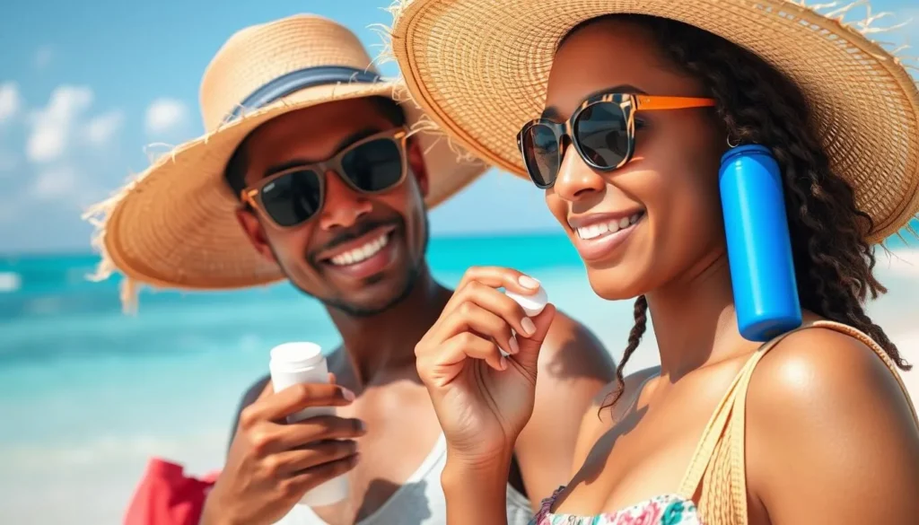 Tourist preparing for a day at the beach in Turks & Caicos with sunscreen and hat