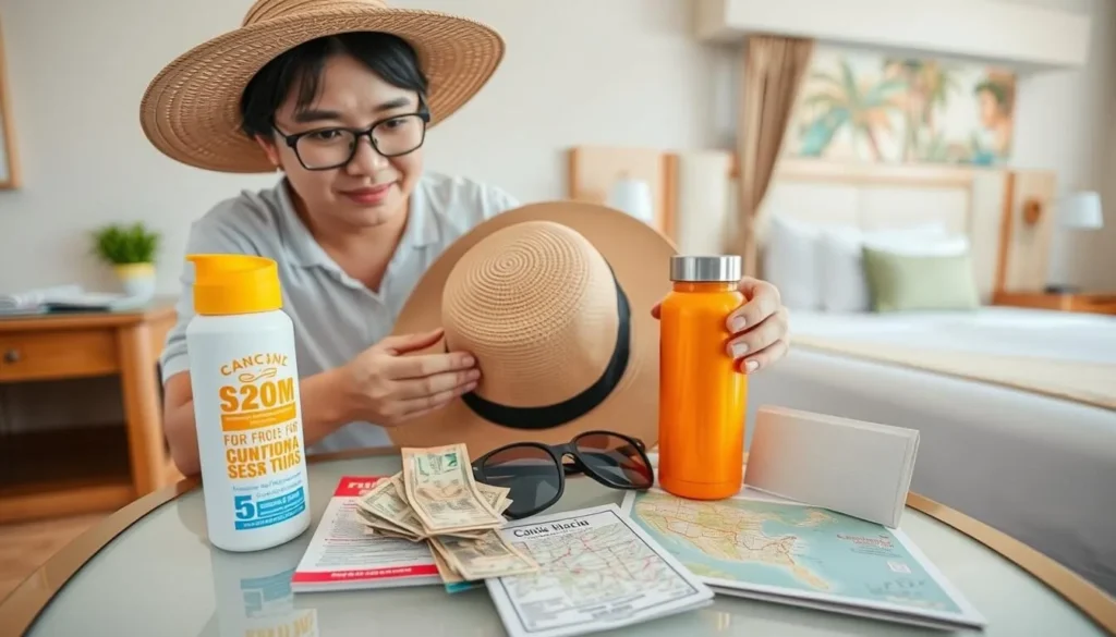Tourist preparing for a day in Cancun with essentials like sunscreen, hat, water bottle, and local currency Tourist preparing for a day in Cancun with essentials like sunscreen, hat, water bottle, and local currency
