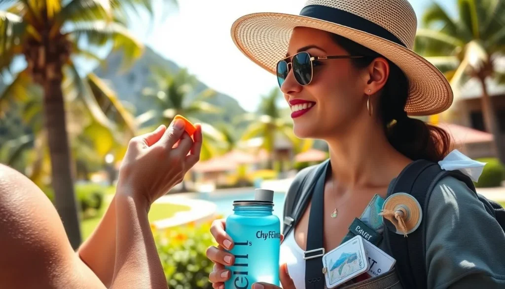 Tourist preparing for a day in Cap Estate with sunscreen, hat, and water bottle