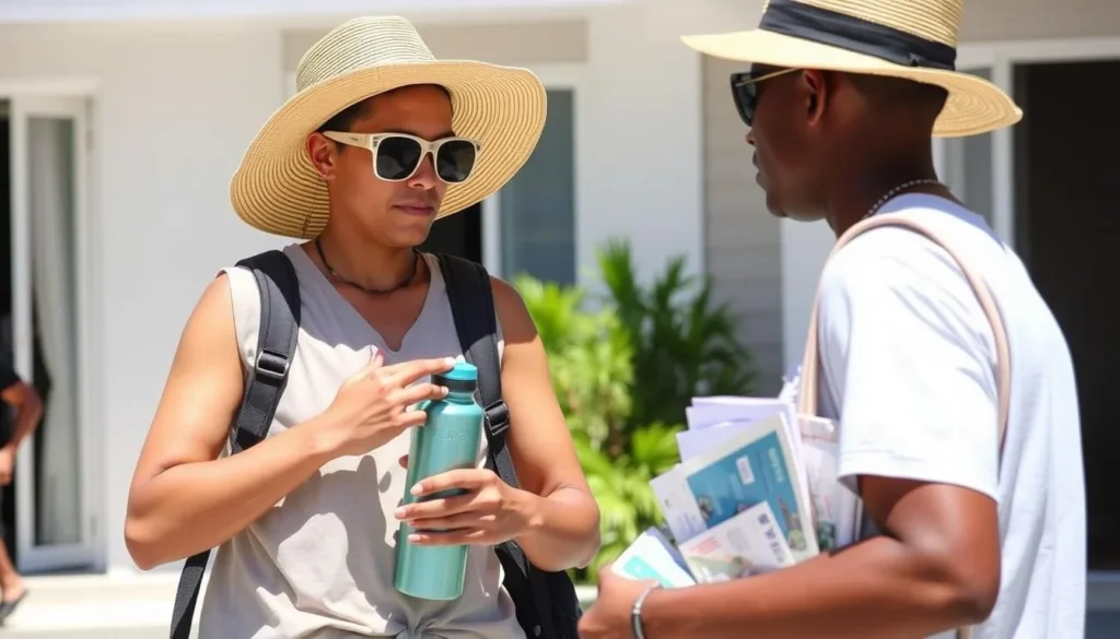 Tourist preparing for a day in Gros Islet with sunscreen, hat, and water bottle