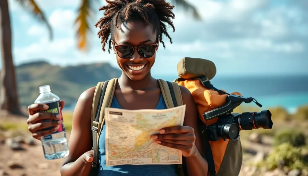 Tourist preparing for a day of exploration in Cotton Ground with map and travel essentials Tourist preparing for a day of exploration in Cotton Ground with map and travel essentials
