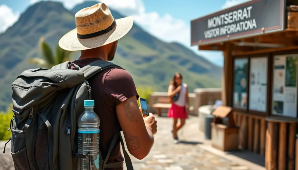 Tourist preparing for a day of exploration in Montserrat with backpack and camera