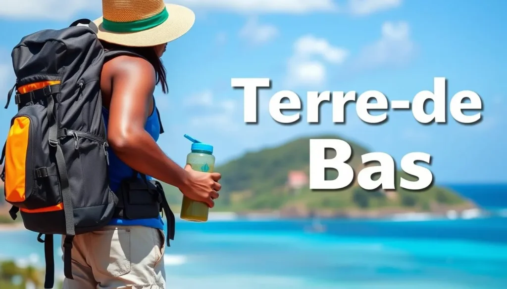 Tourist preparing for a day of exploration on Terre-de-Bas Island with backpack and water bottle