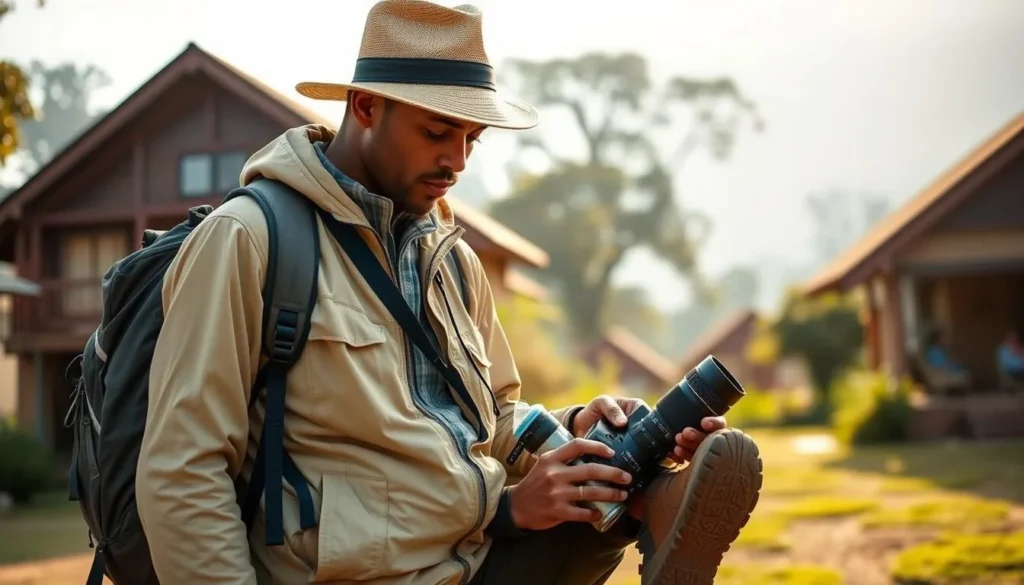 Tourist preparing for a day trip in Kabale with proper hiking gear and camera equipment