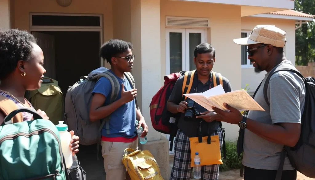 Tourist preparing for a day trip in Masaka with local guide