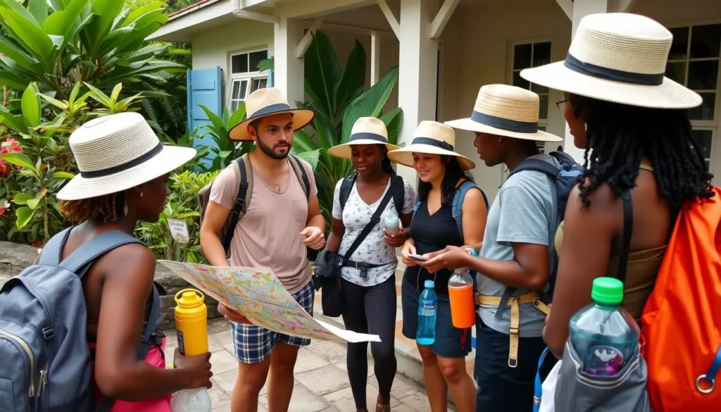 Tourist preparing for a day trip in Micoud with map and essentials