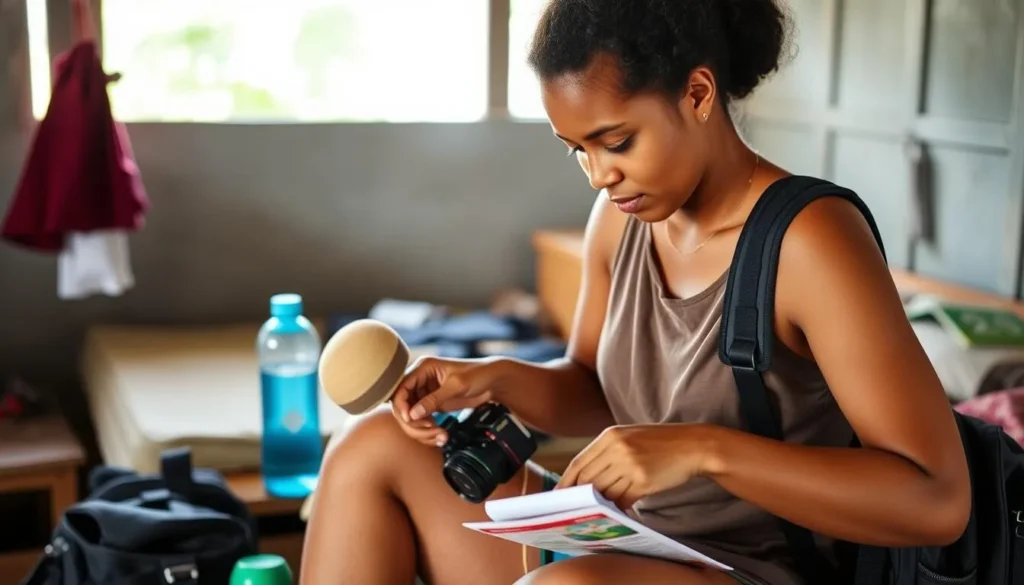 Tourist preparing for a day trip on Leguan Island with essential items
