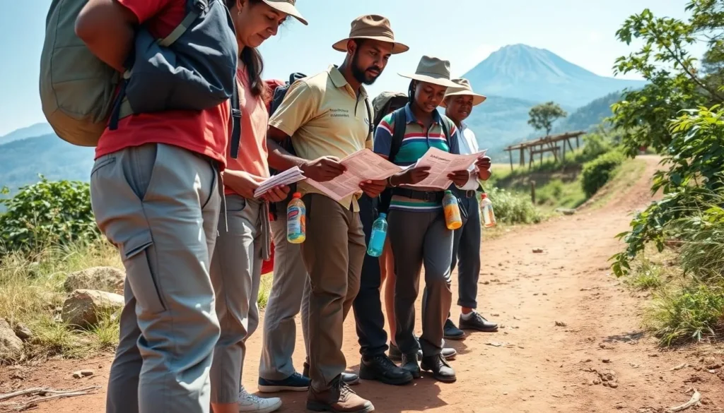 Tourist preparing for a hike near Mbale with proper gear and local guide, demonstrating practical preparation for activities in the region