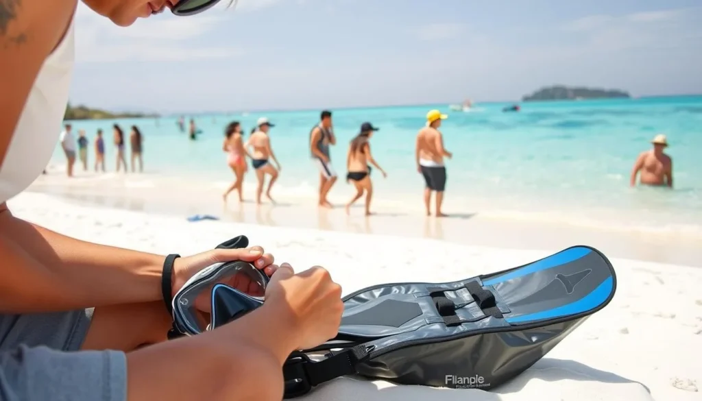 Tourist preparing snorkeling gear on Balicasag Island beach