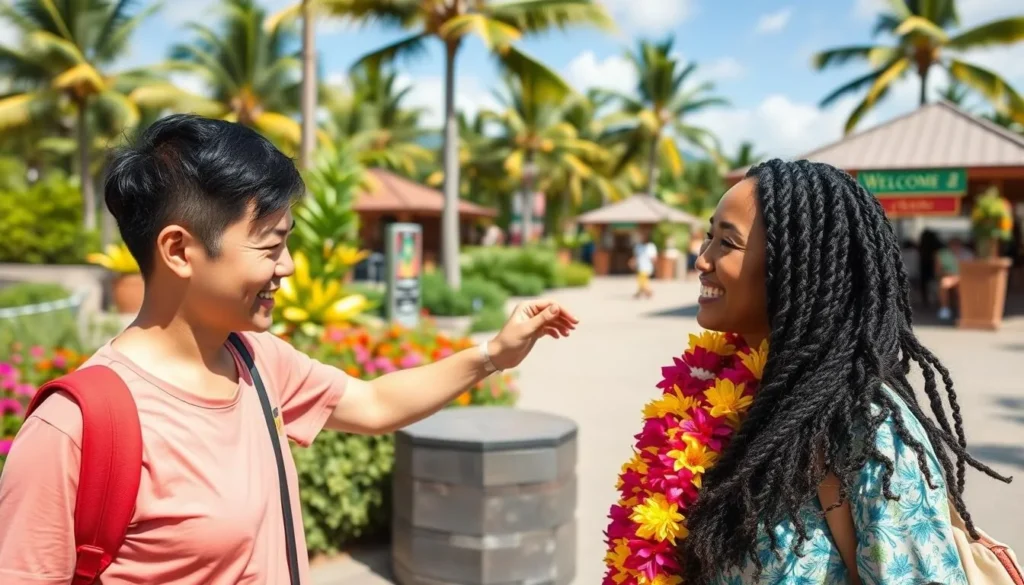 Tourist receiving traditional flower lei greeting in Papeete, cultural things to do in Papeete French Polynesia