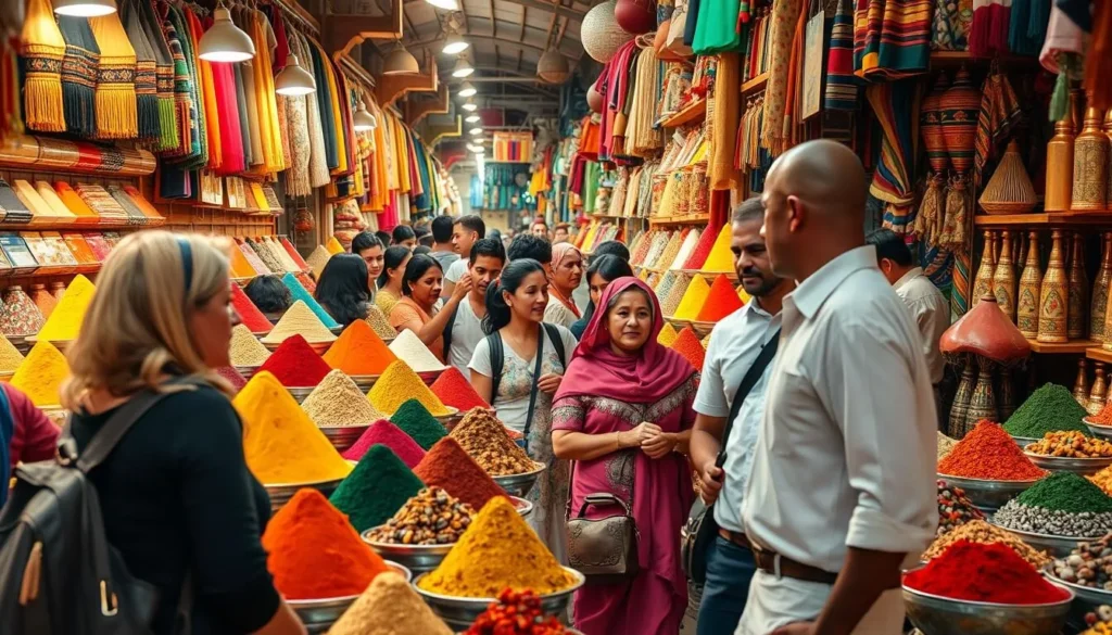 Tourist shopping at the colorful Aswan Spice Market (Aswan Souq) with displays of spices, textiles, and crafts