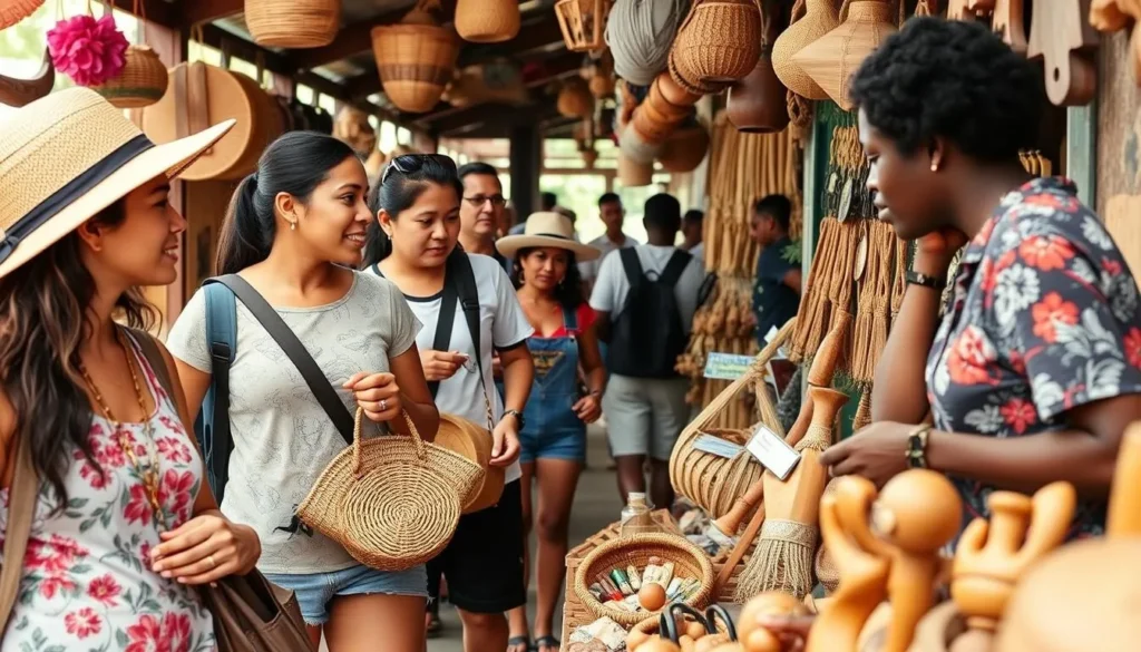 Tourist shopping for local crafts and souvenirs at a market in Noumea New Caledonia Tourist shopping for local crafts and souvenirs at a market in Noumea New Caledonia