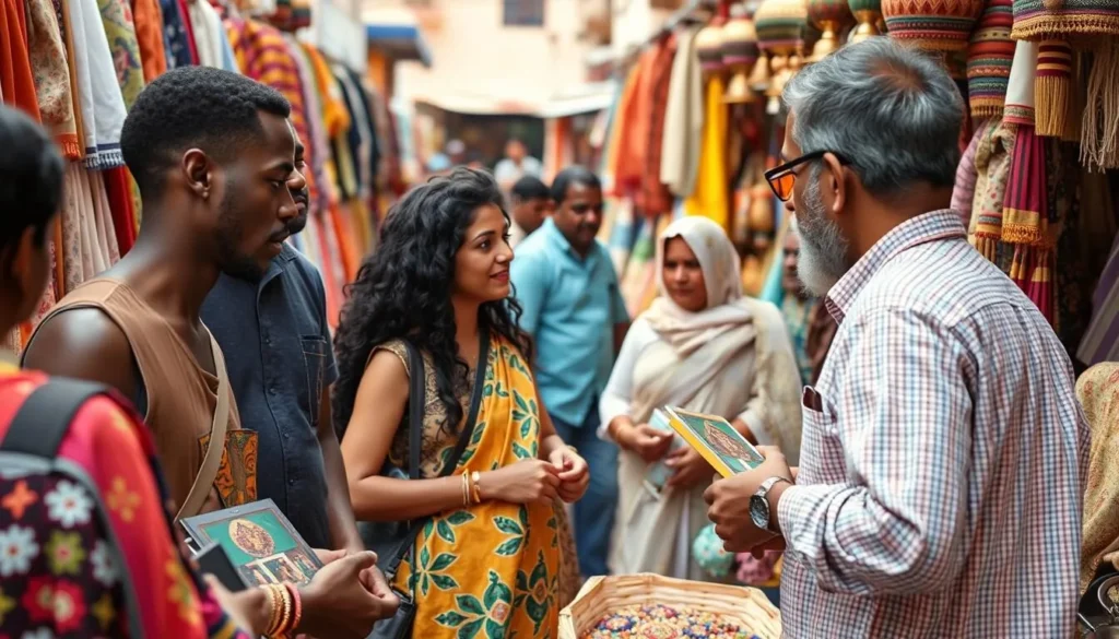 Tourist shopping for traditional Rajasthani handicrafts and textiles in Udaipur's local market