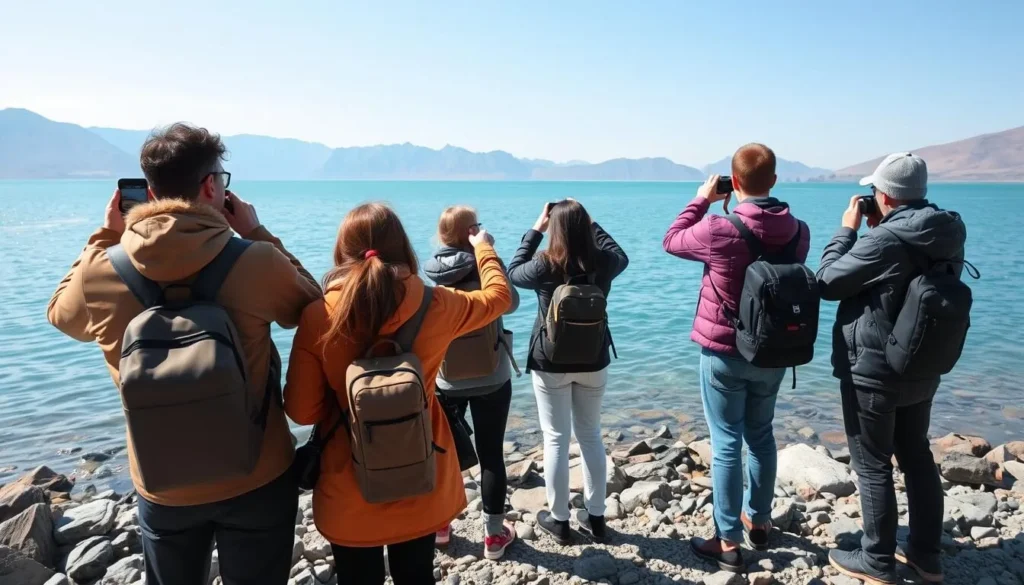 Tourist taking photos of Lake Baikal's clear waters in Zabaykalsky National Park Tourist taking photos of Lake Baikal's clear waters in Zabaykalsky National Park
