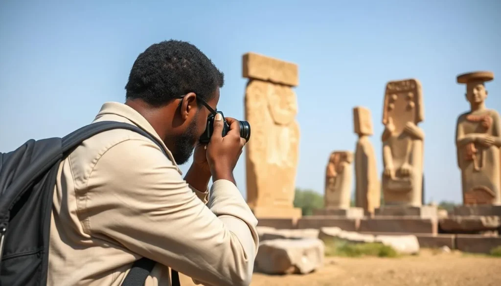 Tourist taking photos of stelae at Tiya Archaeological Site Ethiopia