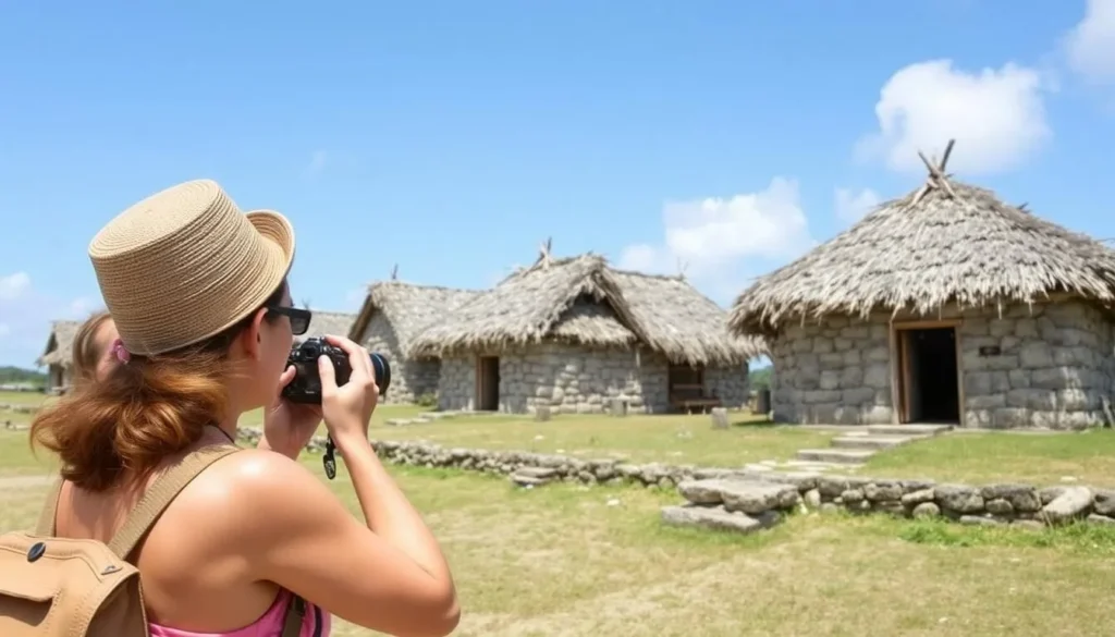 Tourist taking photos of traditional Ivatan stone houses in Batan Island Tourist taking photos of traditional Ivatan stone houses in Batan Island