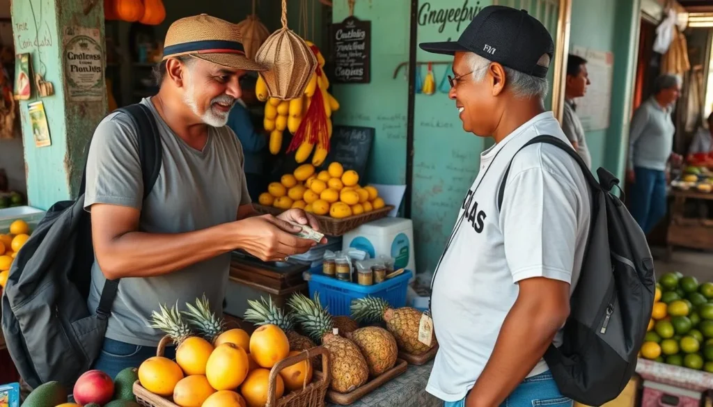 Tourist using Cuban pesos to pay at a local market in Viñales with fresh produce displayed