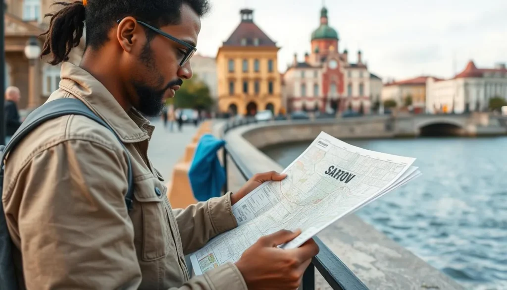 Tourist using a city map to navigate Saratov's streets near the Volga embankment Tourist using a city map to navigate Saratov's streets near the Volga embankment