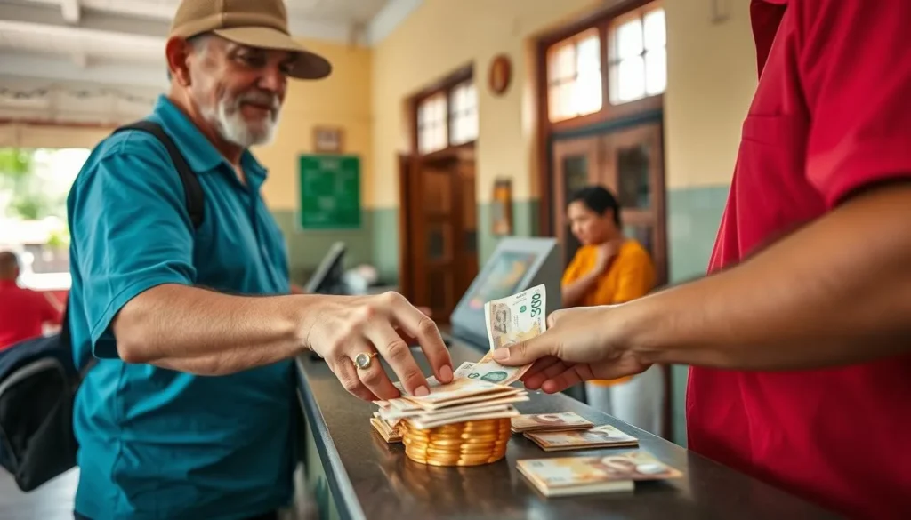 Tourist using a local currency exchange service in Vinales with Cuban pesos
