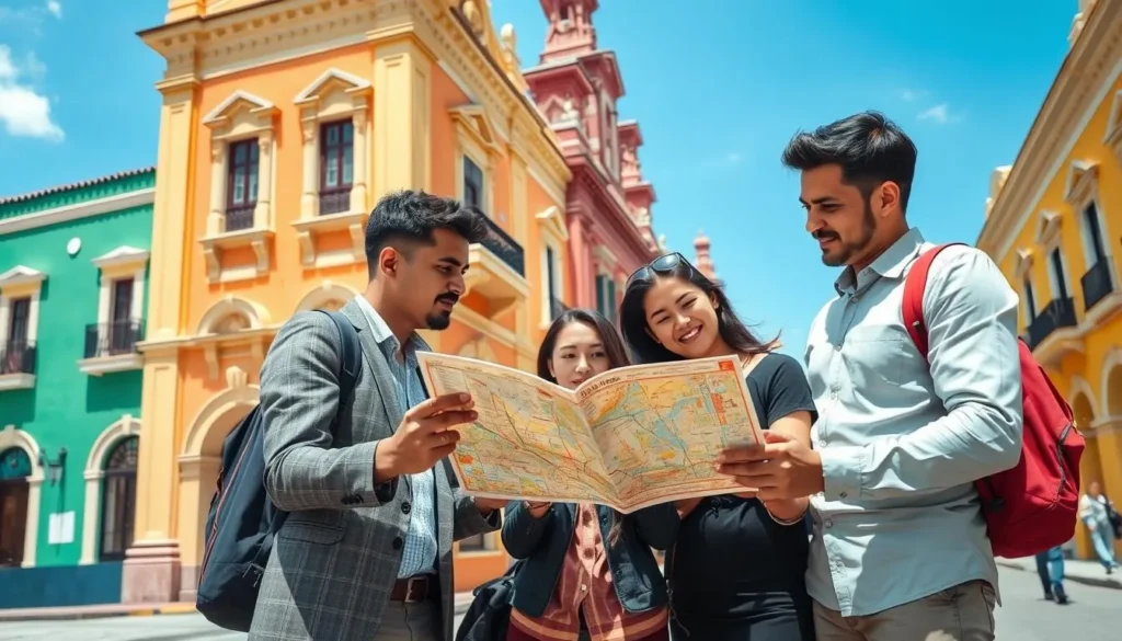 Tourist using a map to navigate Merida Mexico with colorful colonial buildings in background