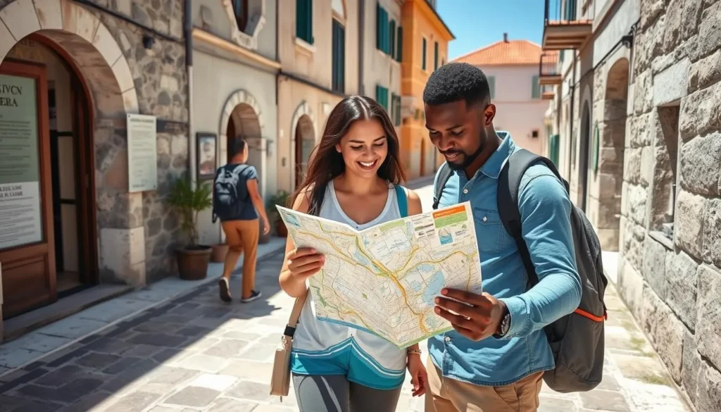 Tourist using a map to navigate in Bol town on Brac Island