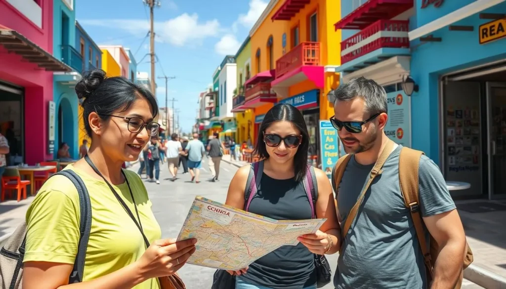 Tourist using a map to navigate the colorful streets of downtown Isla Mujeres Tourist using a map to navigate the colorful streets of downtown Isla Mujeres