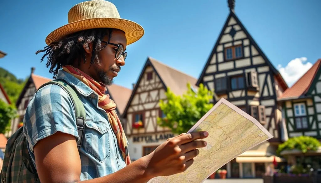 Tourist using a map while exploring a Black Forest town Tourist using a map while exploring a Black Forest town