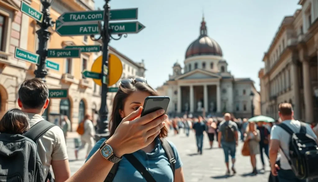 Tourist using a smartphone with a map app while exploring Sofia's historic center