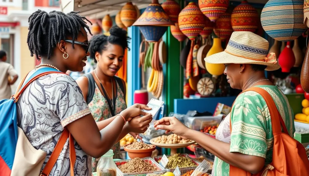 Tourist using local currency at a Philipsburg market stall Tourist using local currency at a Philipsburg market stall