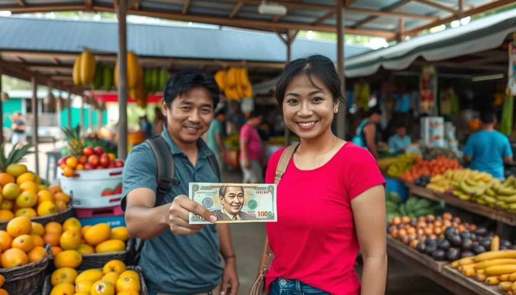 Tourist using local currency at a colorful fruit market in Laborie with various tropical fruits displayed